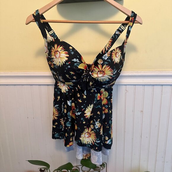 Torrid Floral Print Black & Yellow Swim Top Seperate With Bow Tie Front - Picture 1 of 5